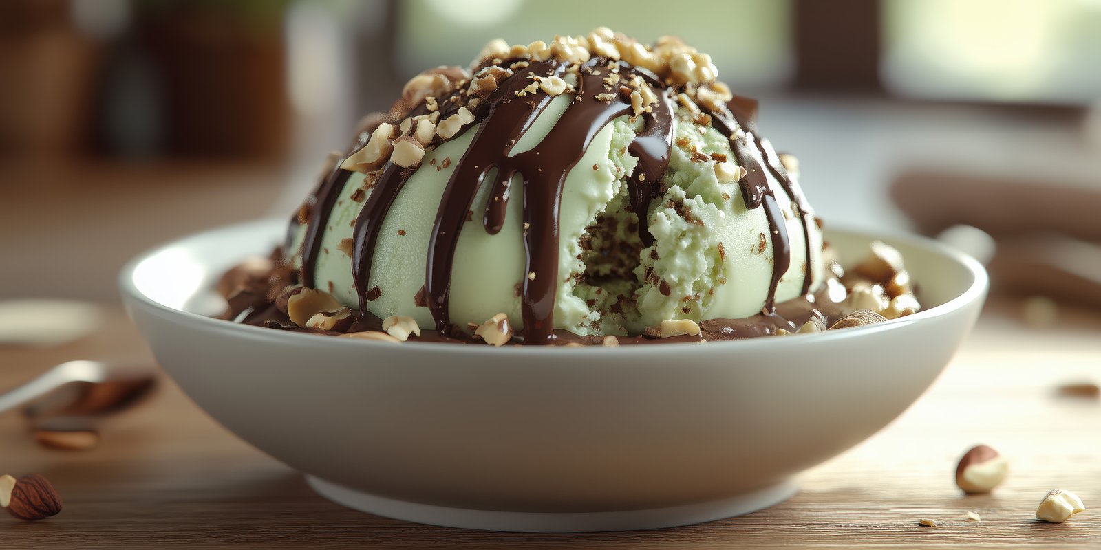 Mint chocolate chip ice cream topped with chocolate sauce and crushed nuts served in a bowl during a sunny afternoon